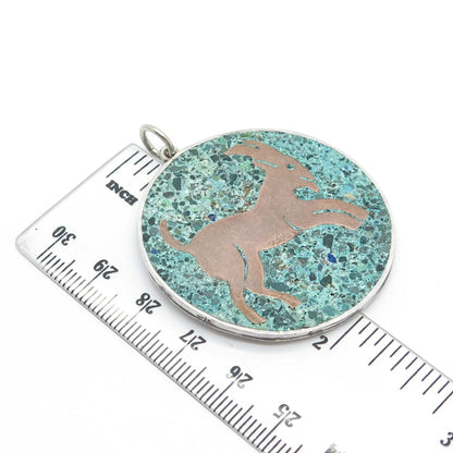 925 Sterling Silver Vintage Mexico LB Real Azurite Gem Round Goat Pendant