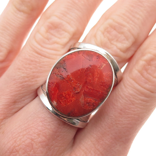 Ken Crafts 925 Sterling Silver Vintage Real Coral Modernist Oxidized Ring Size 8