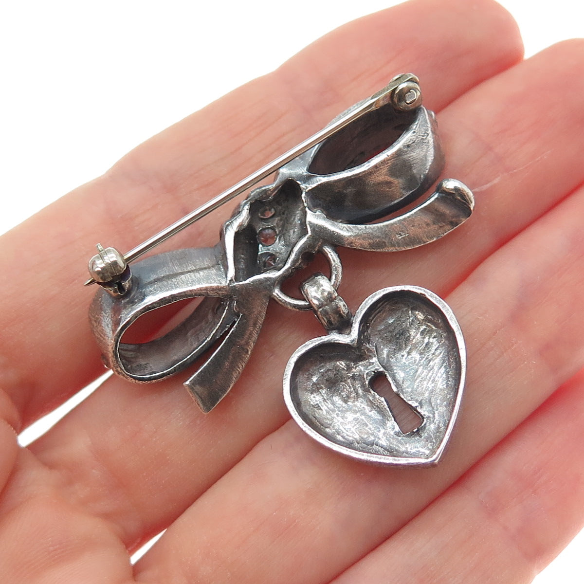 925 Sterling Silver Vintage C Z Ribbon Bow Heart Lock Oxidized Pin Brooch