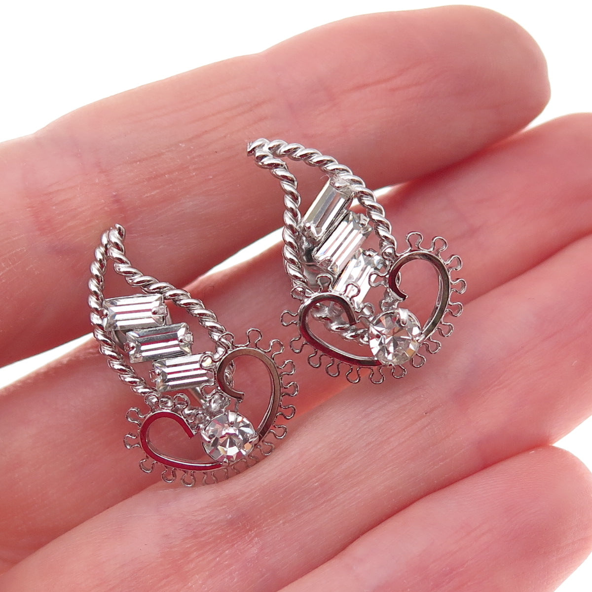 Tru-Kay Sterling Silver Antique Art Deco Rhinestone Floral Screw Back Earrings