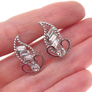 Tru-Kay Sterling Silver Antique Art Deco Rhinestone Floral Screw Back Earrings