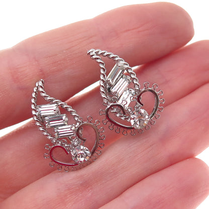 Tru-Kay Sterling Silver Antique Art Deco Rhinestone Floral Screw Back Earrings