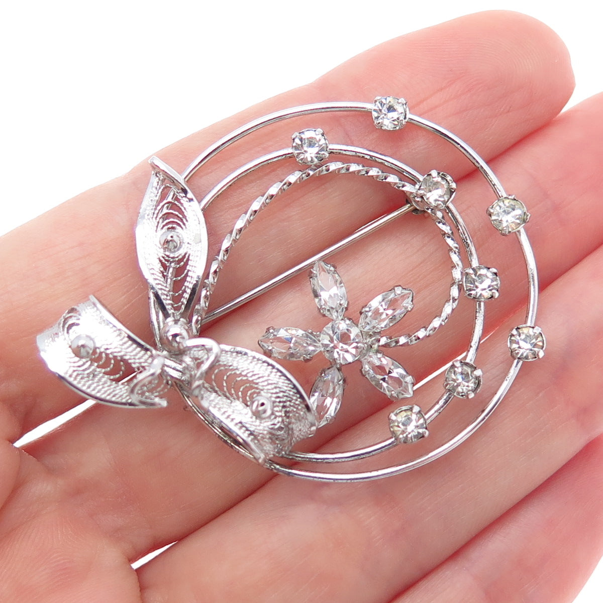 AM LEE Sterling Silver Antique Art Deco Rhinestone Floral Filigree Pin Brooch