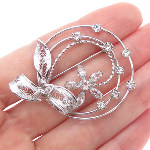 AM LEE Sterling Silver Antique Art Deco Rhinestone Floral Filigree Pin Brooch