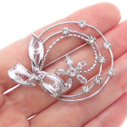 AM LEE Sterling Silver Antique Art Deco Rhinestone Floral Filigree Pin Brooch