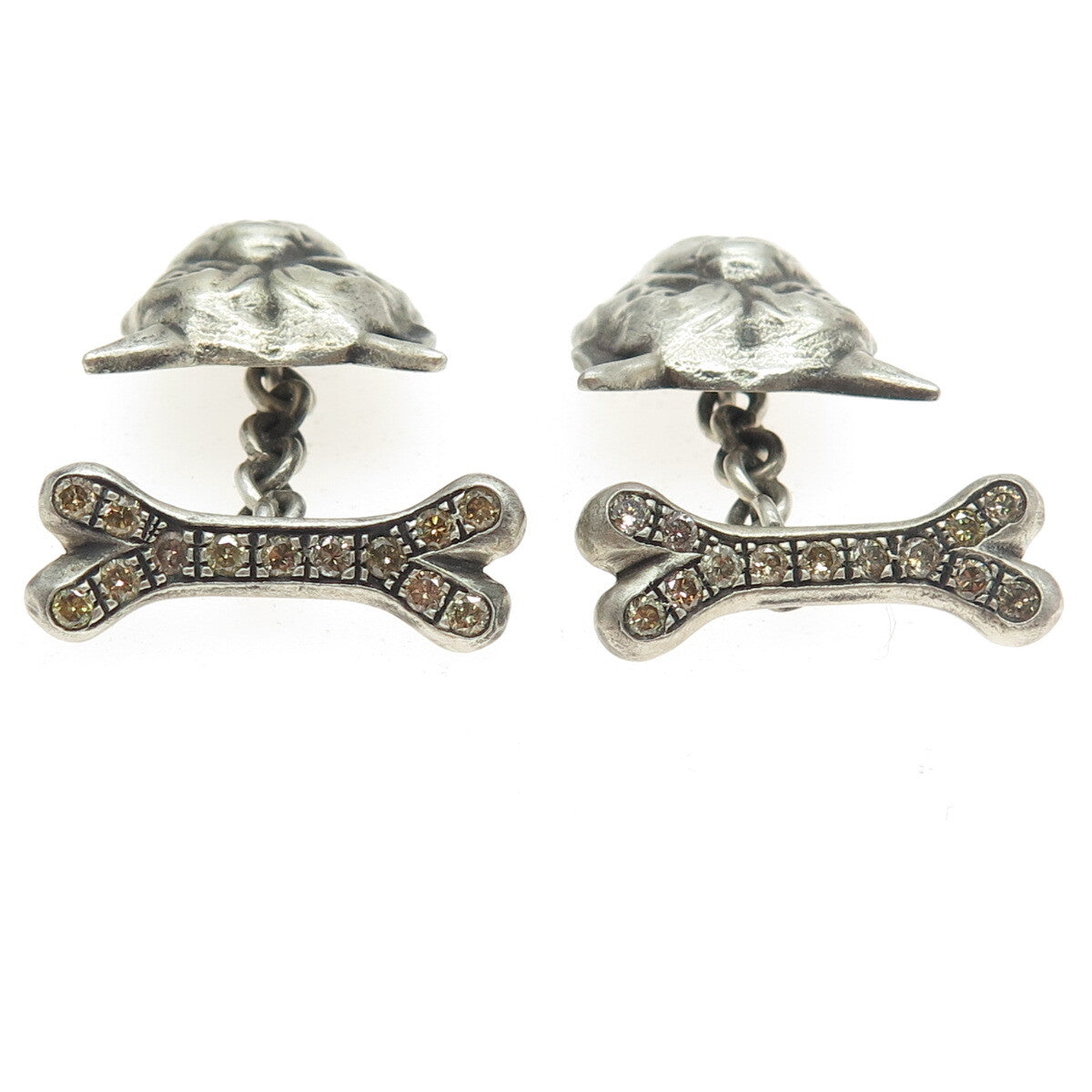925 Sterling Silver Vintage Real Round-Cut Champagne Diamond Pit Bull Cufflinks