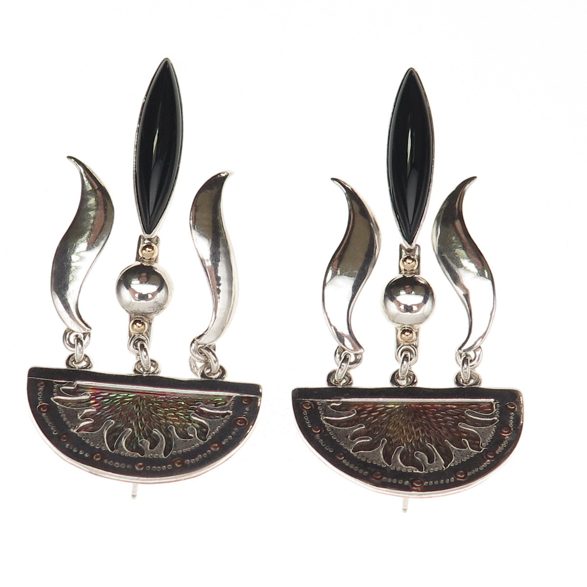 925 Sterling 2-Tone Vintage Real Black Onyx Sunrise Modernist Dangle Earrings