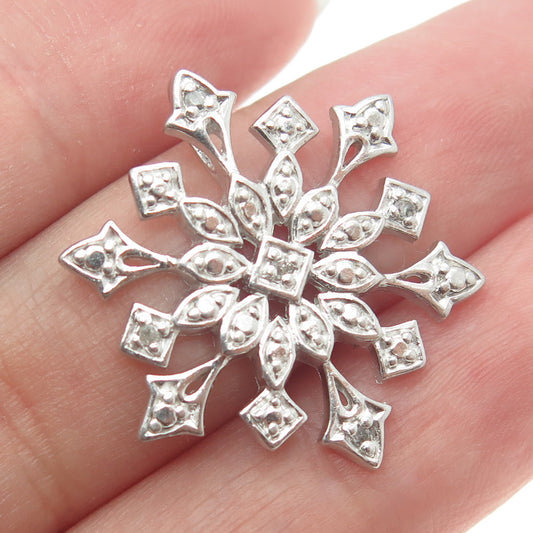 925 Sterling Silver Real Round-Cut Diamond Snowflake Pendant