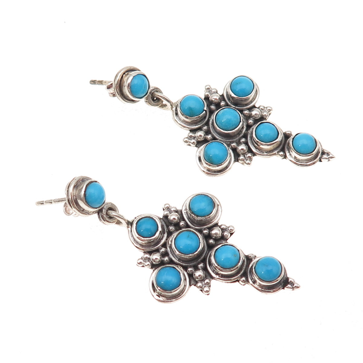 925 Sterling Silver Vintage Real Turquoise Cross Oxidized Dangle Earrings