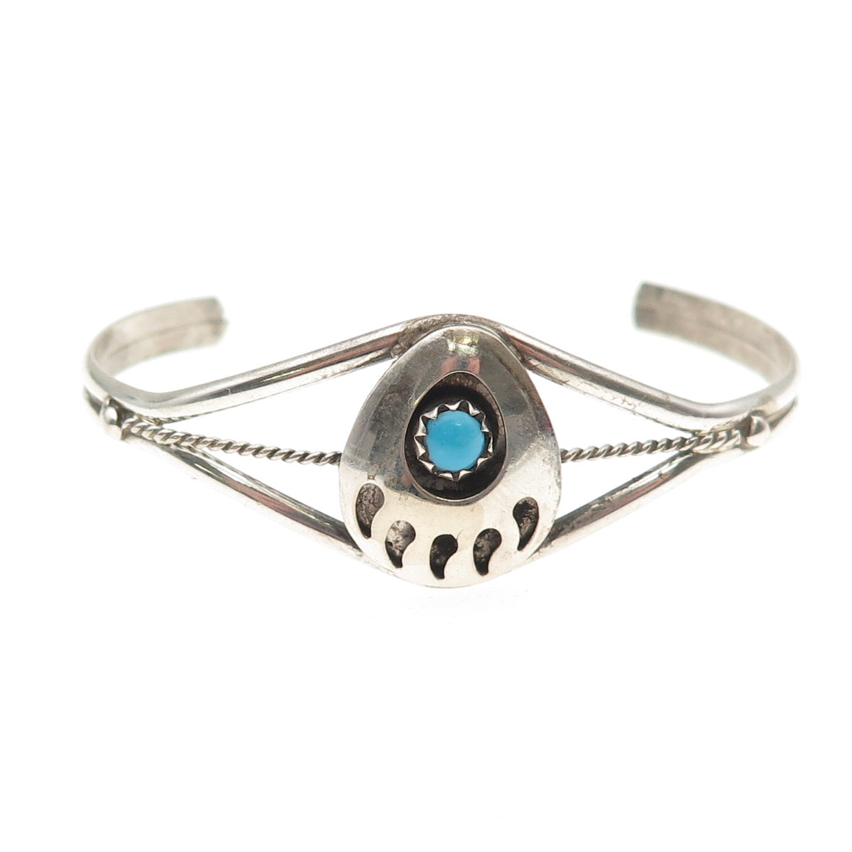 Old Pawn 925 Sterling Silver Vintage Turquoise Bear Paw Adjustable Bracelet 5"