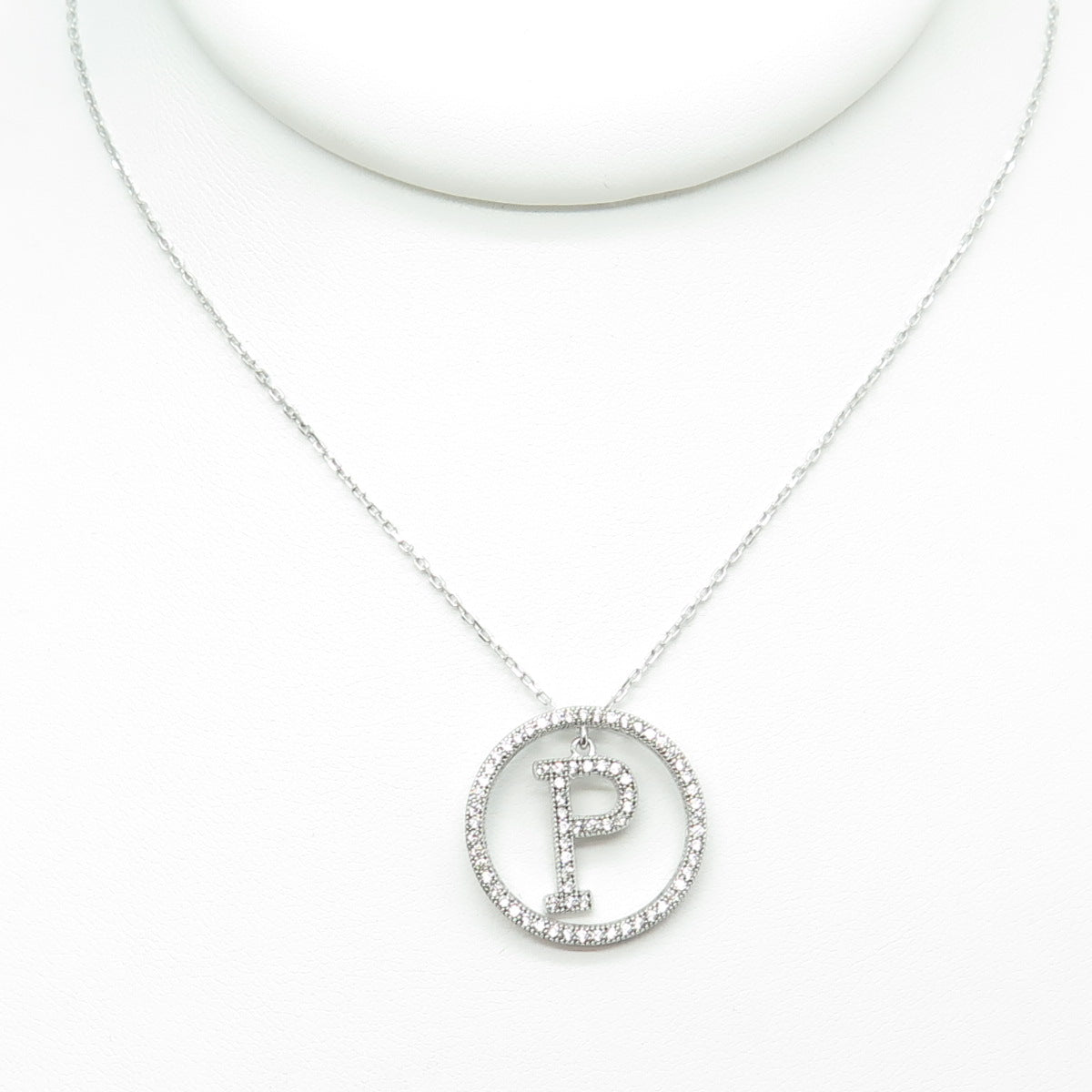 925 Sterling Silver Round-Cut C Z Letter "P" Initial Cable Chain Necklace 16-18"