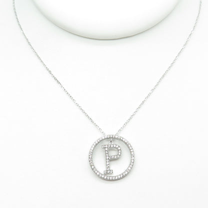 925 Sterling Silver Round-Cut C Z Letter "P" Initial Cable Chain Necklace 16-18"