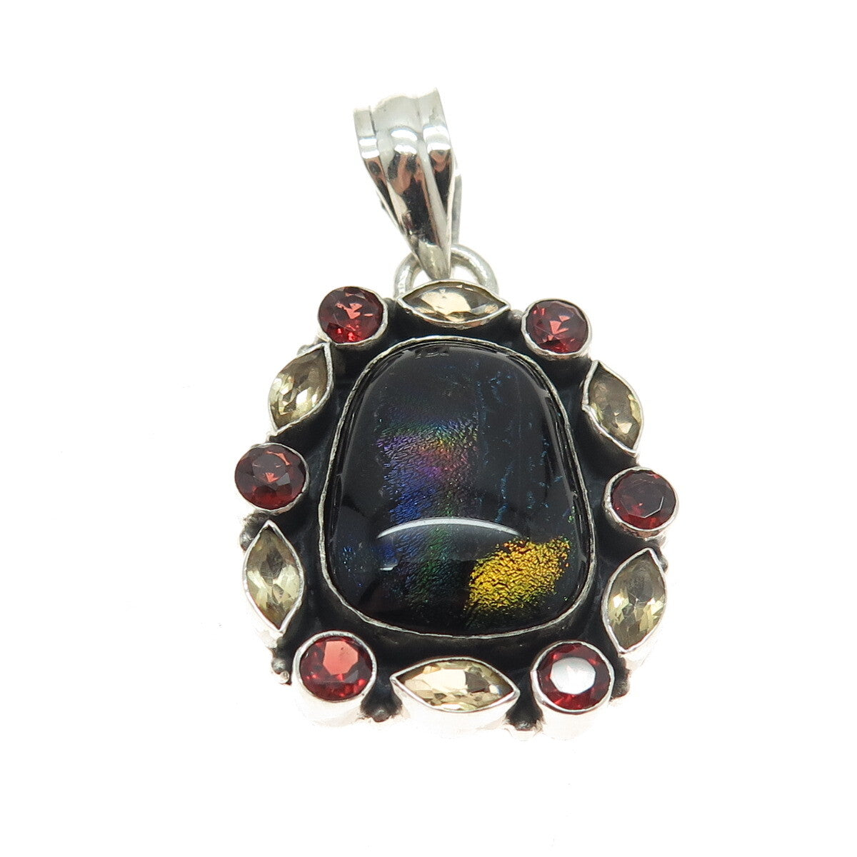 925 Sterling Silver Vintage Dichroic Glass Citrine Red Garnet Modernist Pendant