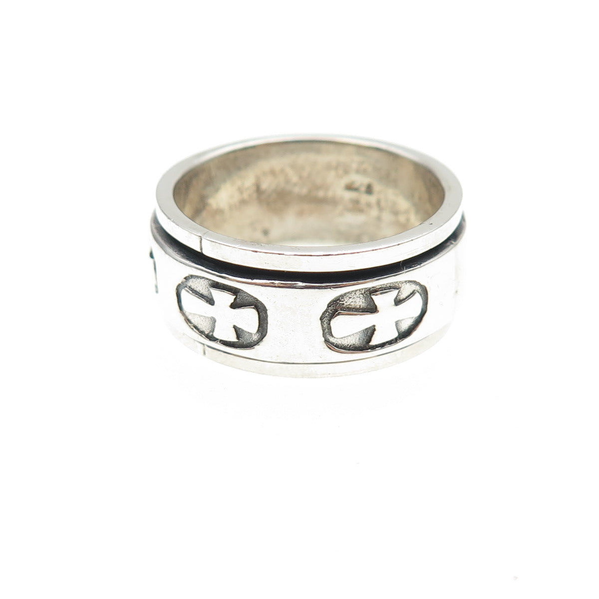 925 Sterling Silver Vintage Cross Oxidized Rotating Band Ring Size 7.75