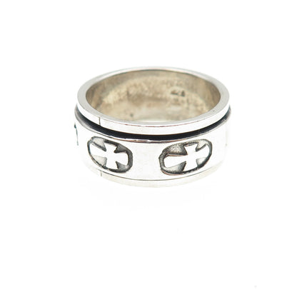925 Sterling Silver Vintage Cross Oxidized Rotating Band Ring Size 7.75