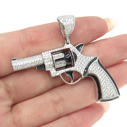 925 Sterling Silver Enamel Round-Cut C Z Revolver Pendant