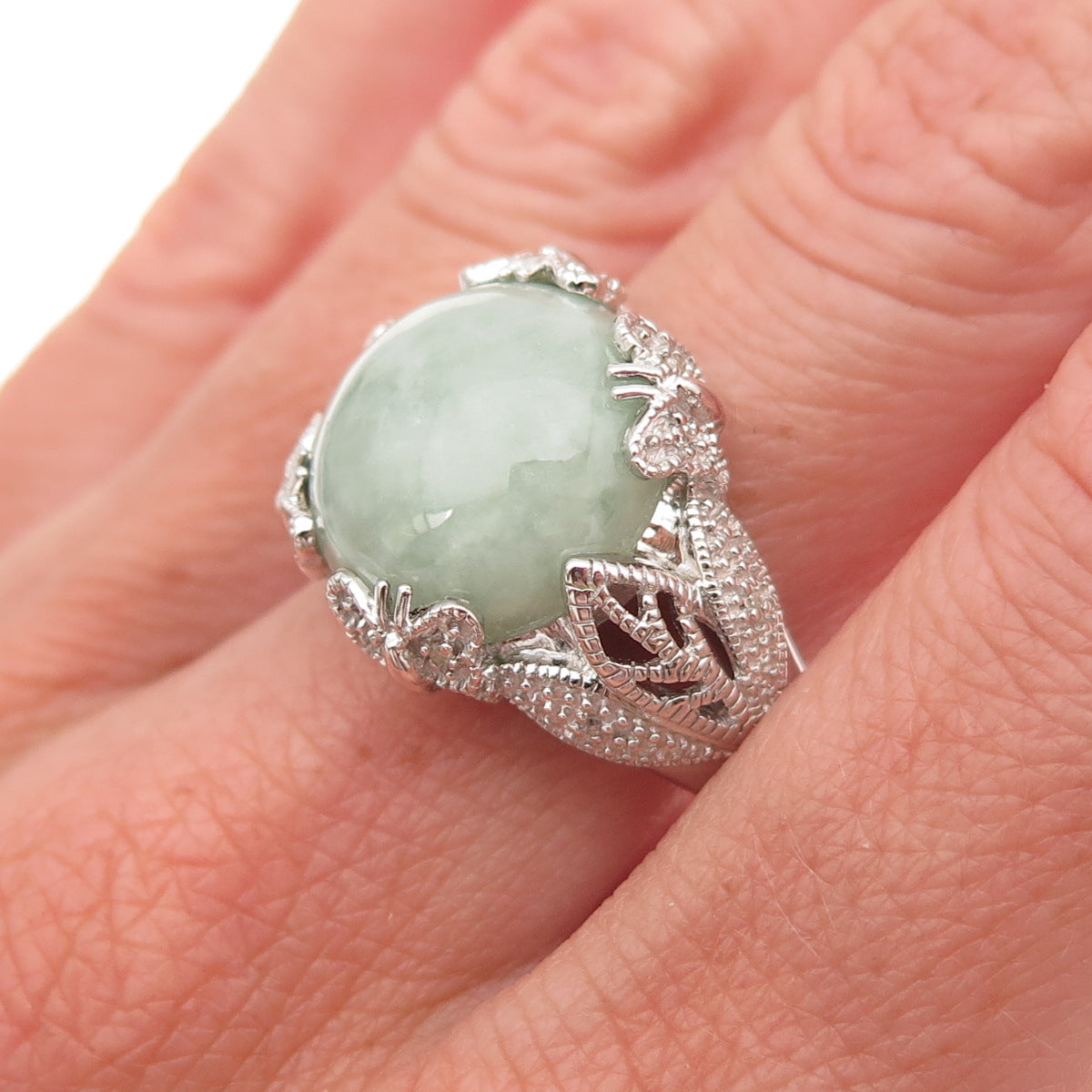 925 Sterling Silver Real Round-Cut Diamond & Jade Floral Ring Size 8.25