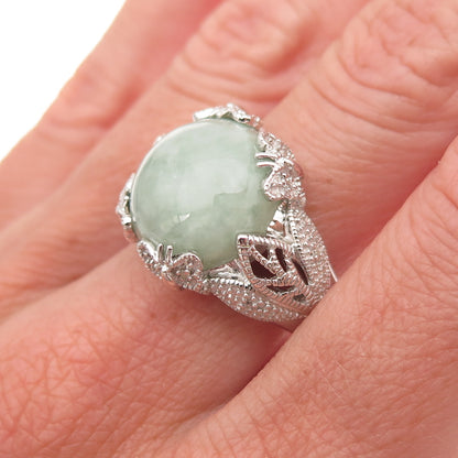 925 Sterling Silver Real Round-Cut Diamond & Jade Floral Ring Size 8.25