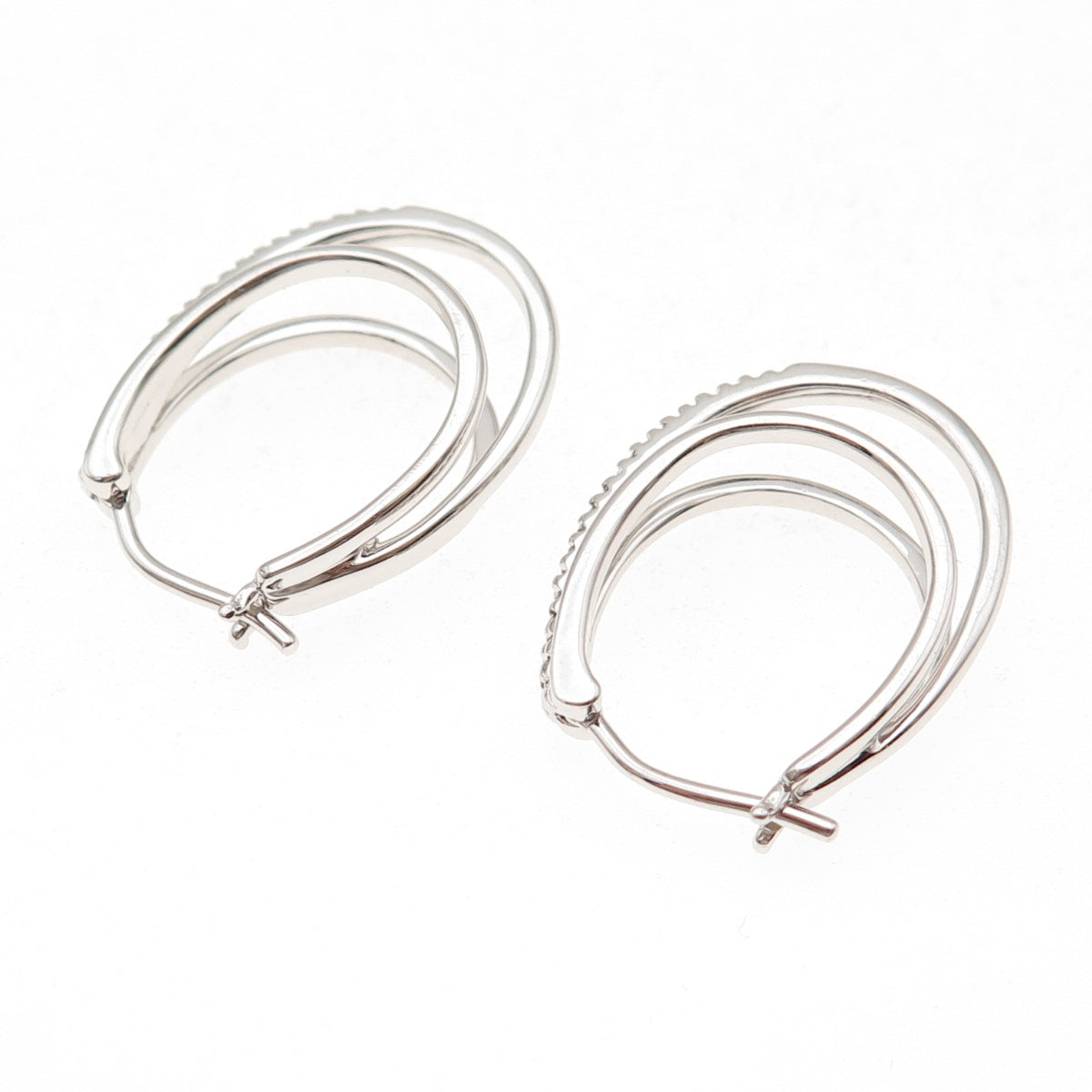 Sun 925 Sterling Silver Real Round-Cut Diamond 3-Row Hoop Earrings