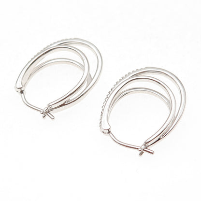 Sun 925 Sterling Silver Real Round-Cut Diamond 3-Row Hoop Earrings