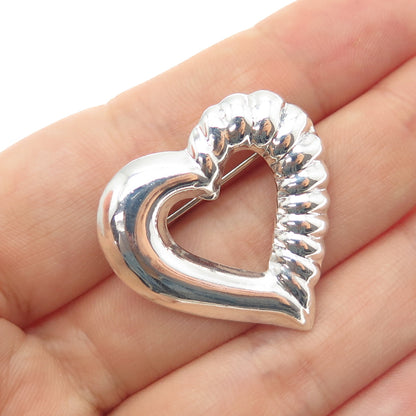 925 Sterling Silver Vintage Ribbed Heart Pin Brooch