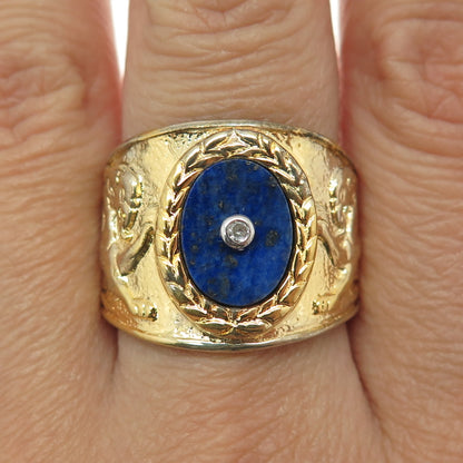 NLP TNC INC Sterling Silver Gold Plated Vintage Lapis & C Z Griffon Ring Size 10