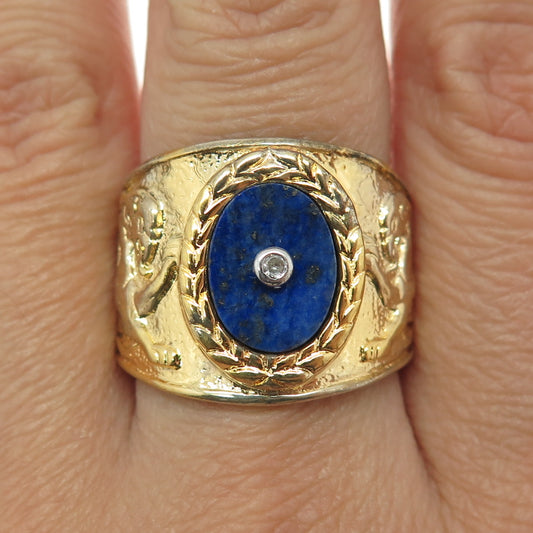 NLP TNC INC Sterling Silver Gold Plated Vintage Lapis & C Z Griffon Ring Size 10