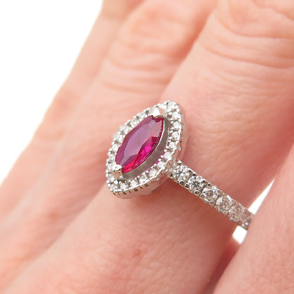 925 Sterling Silver Vintage Marquise-Cut Lab-Created Ruby & C Z Ring Size 9