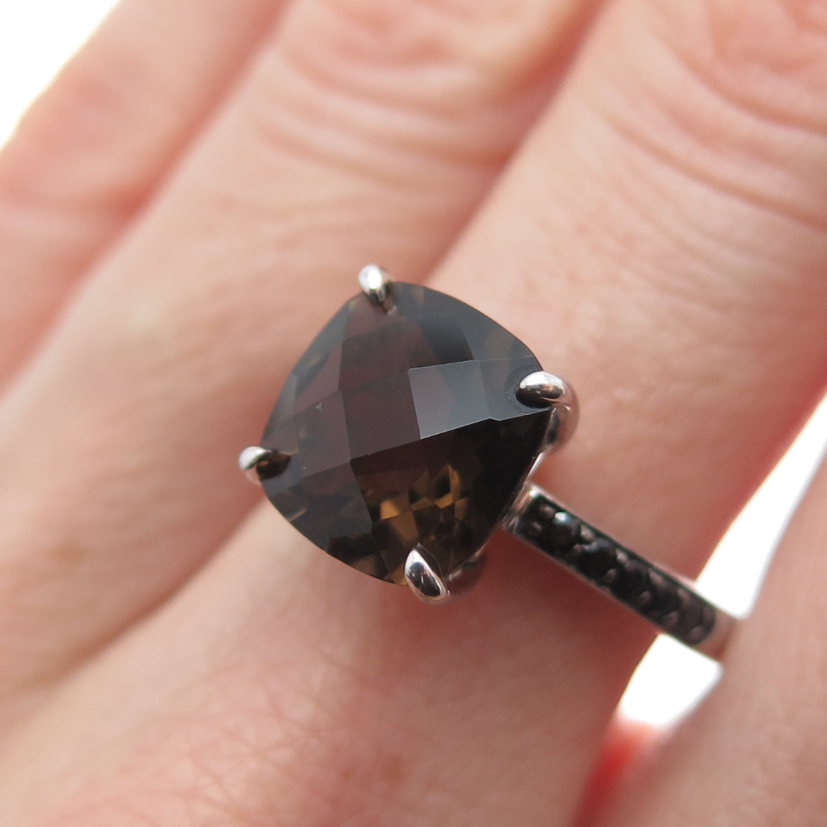 925 Sterling Silver Real Cushion-Cut Smoky Quartz & Black Spinel Ring Size 7.25