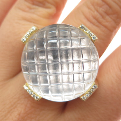 925 Sterling Silver Gold Plated Clear Glass Real White Topaz Ring Size 7.5