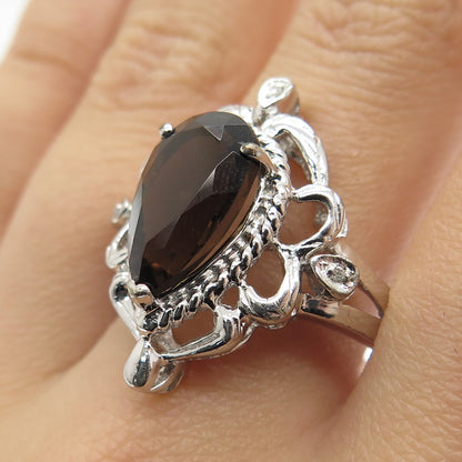 925 Sterling Silver Real White Diamond & Smoky Quartz Ornate Ring Size 10.25