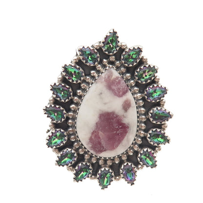 925 Sterling Vintage Real Pink Tourmaline & Mystic Topaz Adjustable Ring Size 8