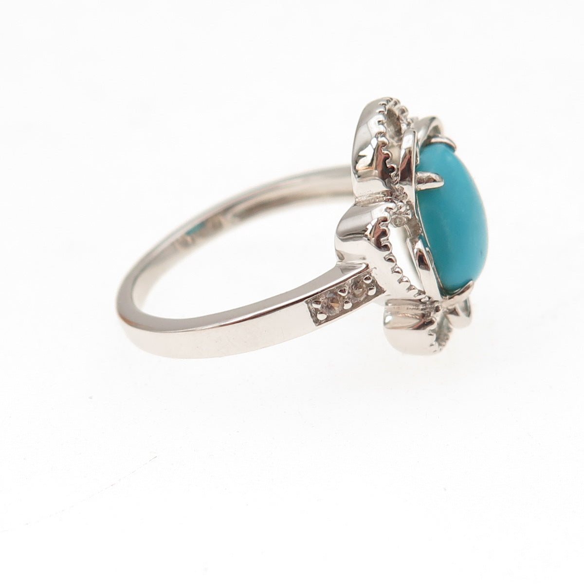 925 Sterling Silver Real Sleeping Beauty Turquoise & Topaz Floral Ring Size 8