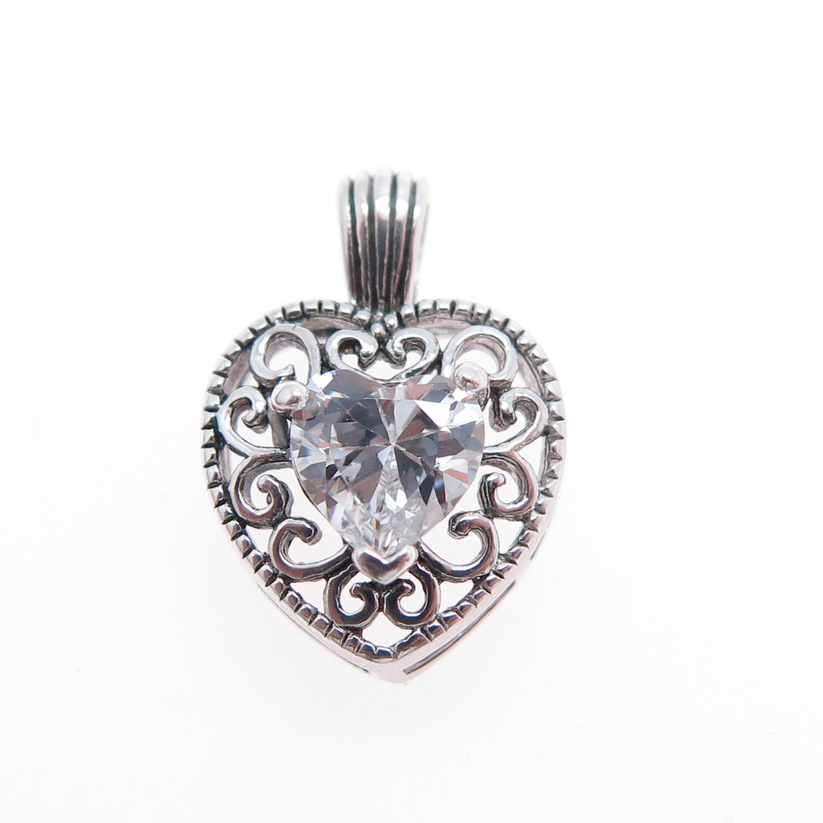 925 Sterling Silver Vintage C Z Ornate Heart Mini Charm Pendant