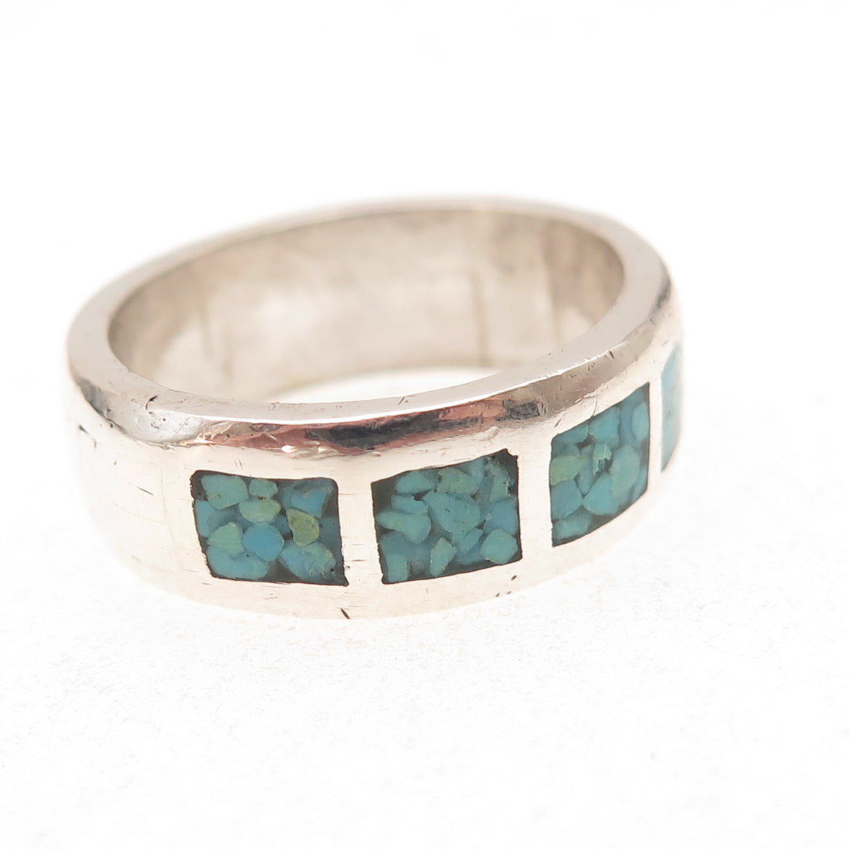 Old Pawn 925 Sterling Silver Vintage Turquoise Inlay Tribal Band Ring Size 9.5