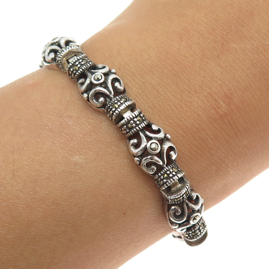 925 Sterling Silver Vintage Real Marcasite Aries Horn Link Bracelet 7"