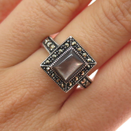 925 Sterling Silver Vintage Real Abalone Shell & Marcasite Oxidized Ring Size 8