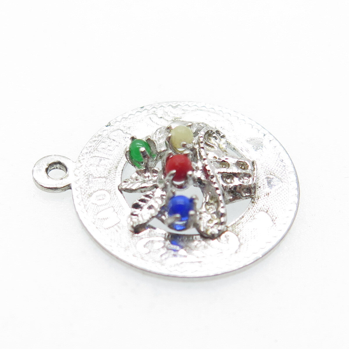 925 Sterling Silver Vintage M&M Multi-Glass "Mother" Round Tag Charm Pendant