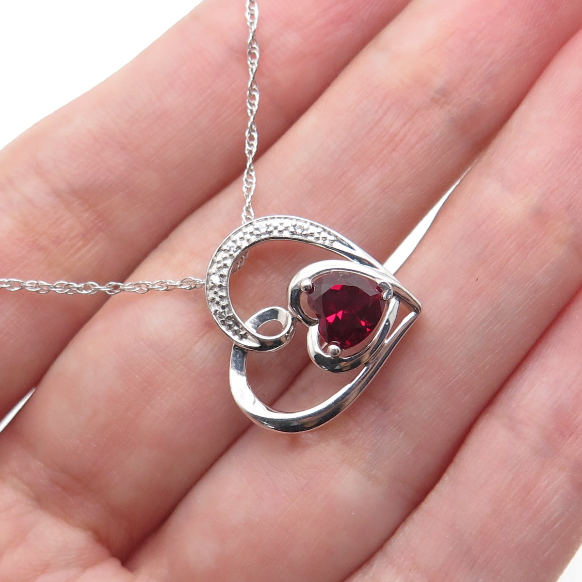 925 Sterling Silver Lab-Created Ruby & C Z Heart Singapore Chain Necklace 18"