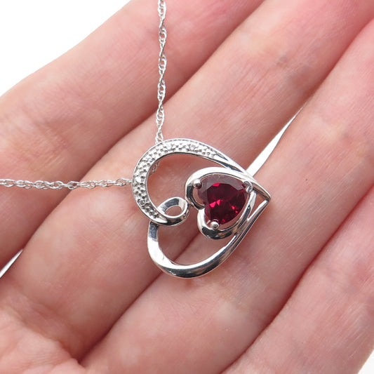 925 Sterling Silver Lab-Created Ruby & C Z Heart Singapore Chain Necklace 18"