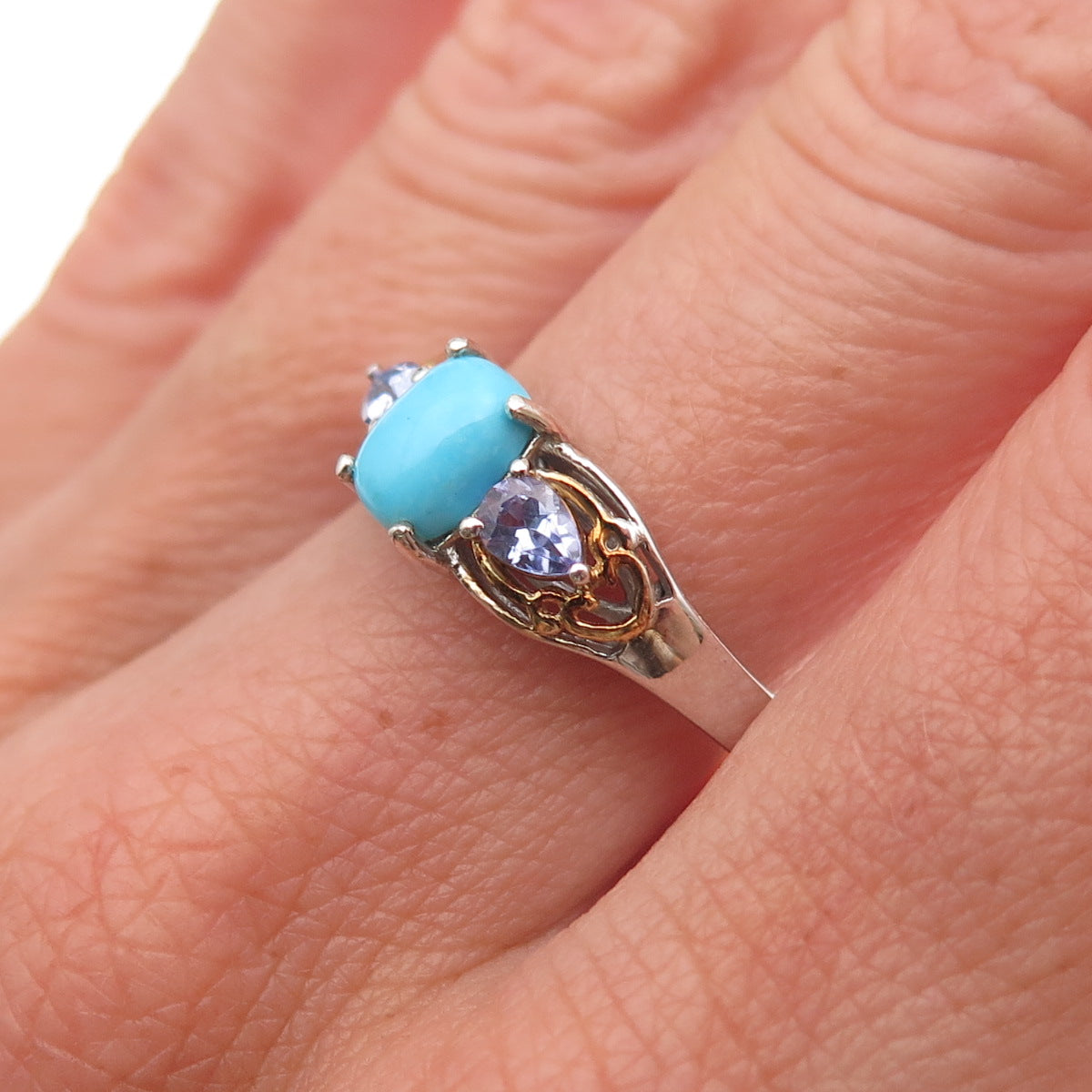 Chuck Clemency 925 Sterling 2-Tone Real Turquoise & Tanzanite Ring Size 8.25