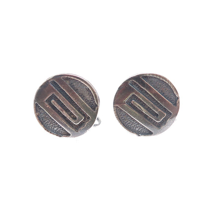 925 Sterling Silver Vintage Tribal Maze Symbol Oxidized Screw Back Earrings