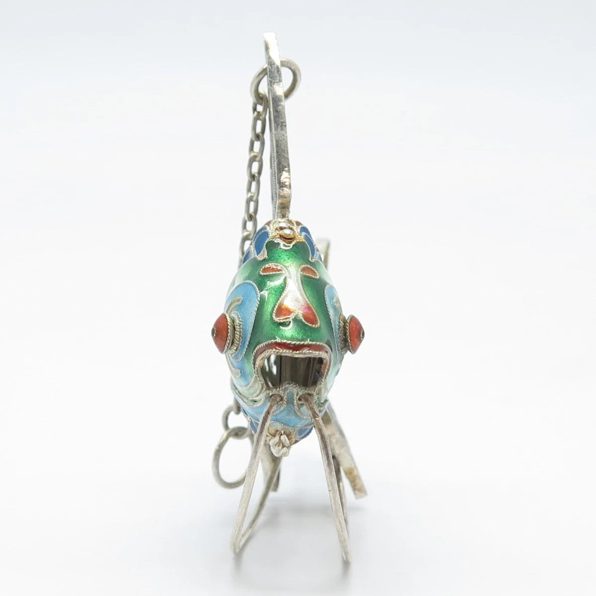 925 Sterling Silver Antique Enamel Chinese Koi Fish Articulated Fob / Pendant