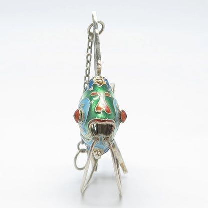 925 Sterling Silver Antique Enamel Chinese Koi Fish Articulated Fob / Pendant
