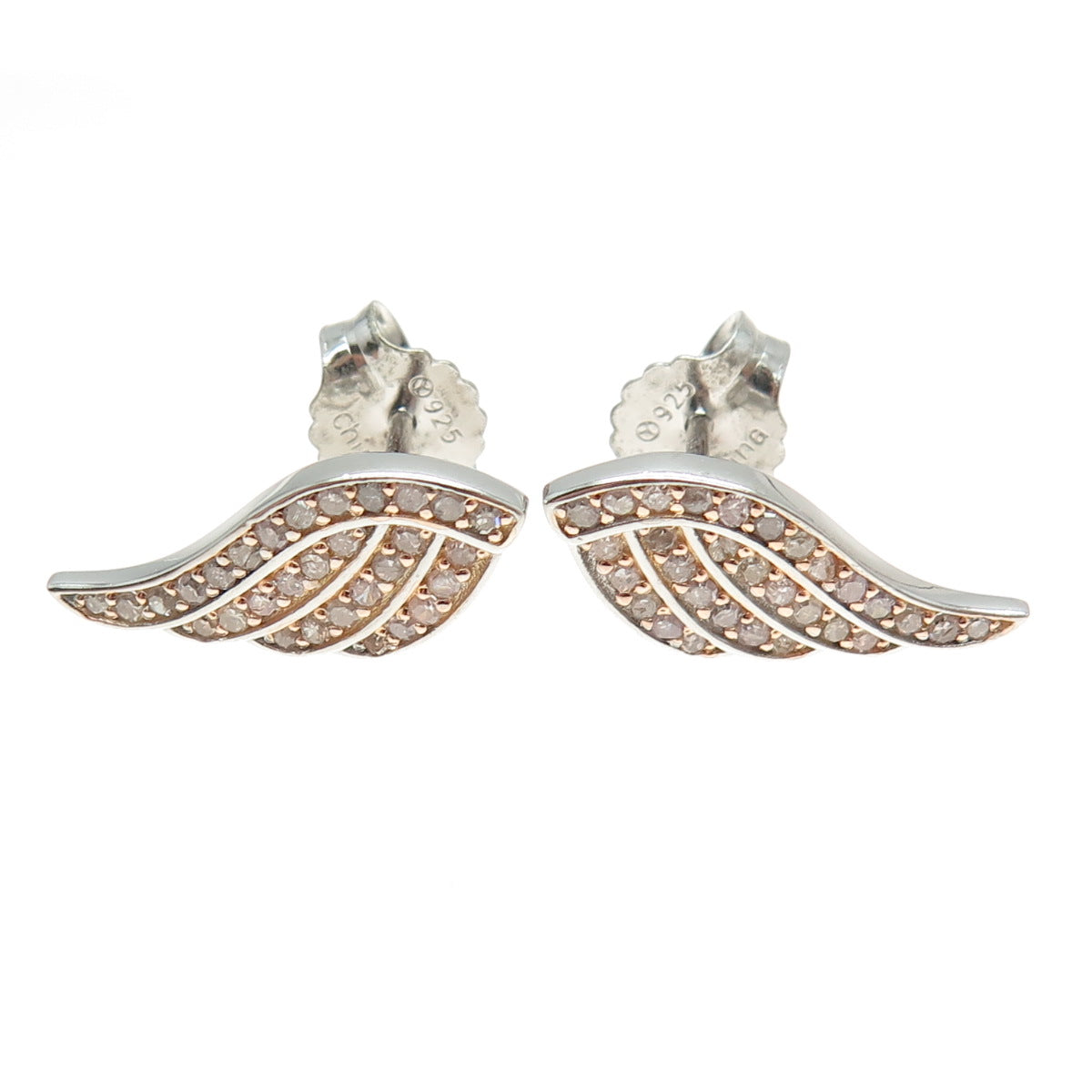 925 Sterling Silver 2-Tone Real Round-Cut Diamond Angel Wing Earrings