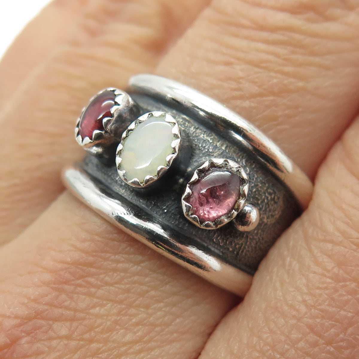 CHIMNEY BUTTE Old Pawn Sterling Silver Opal & Tourmaline Oxidized Ring Size 9.75