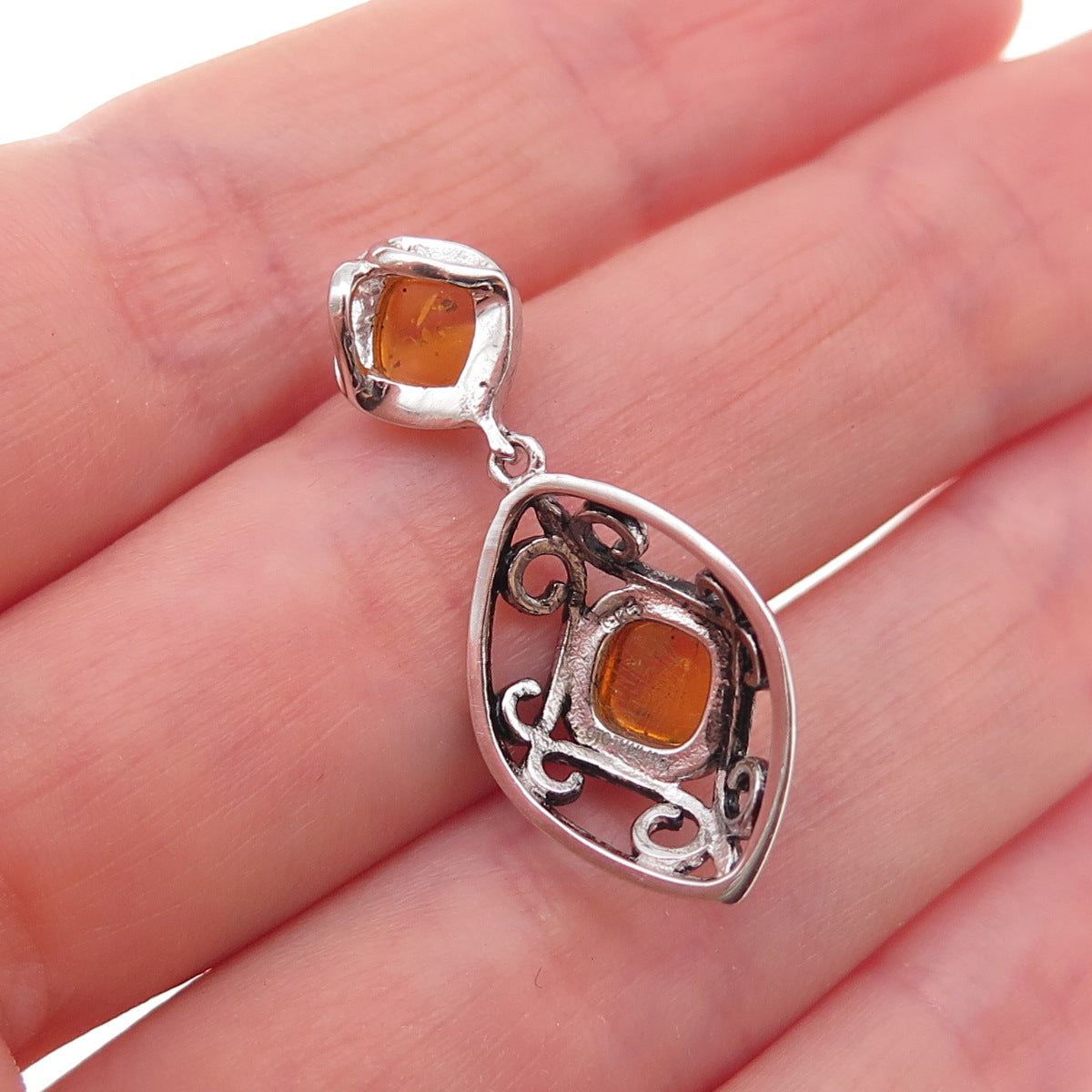 925 Sterling Silver Vintage Real Amber Oxidized Slide Charm Pendant