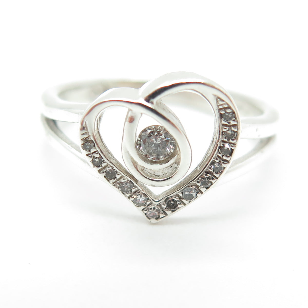 925 Sterling Silver Real Round-Cut Diamond Heart Ring Size 7