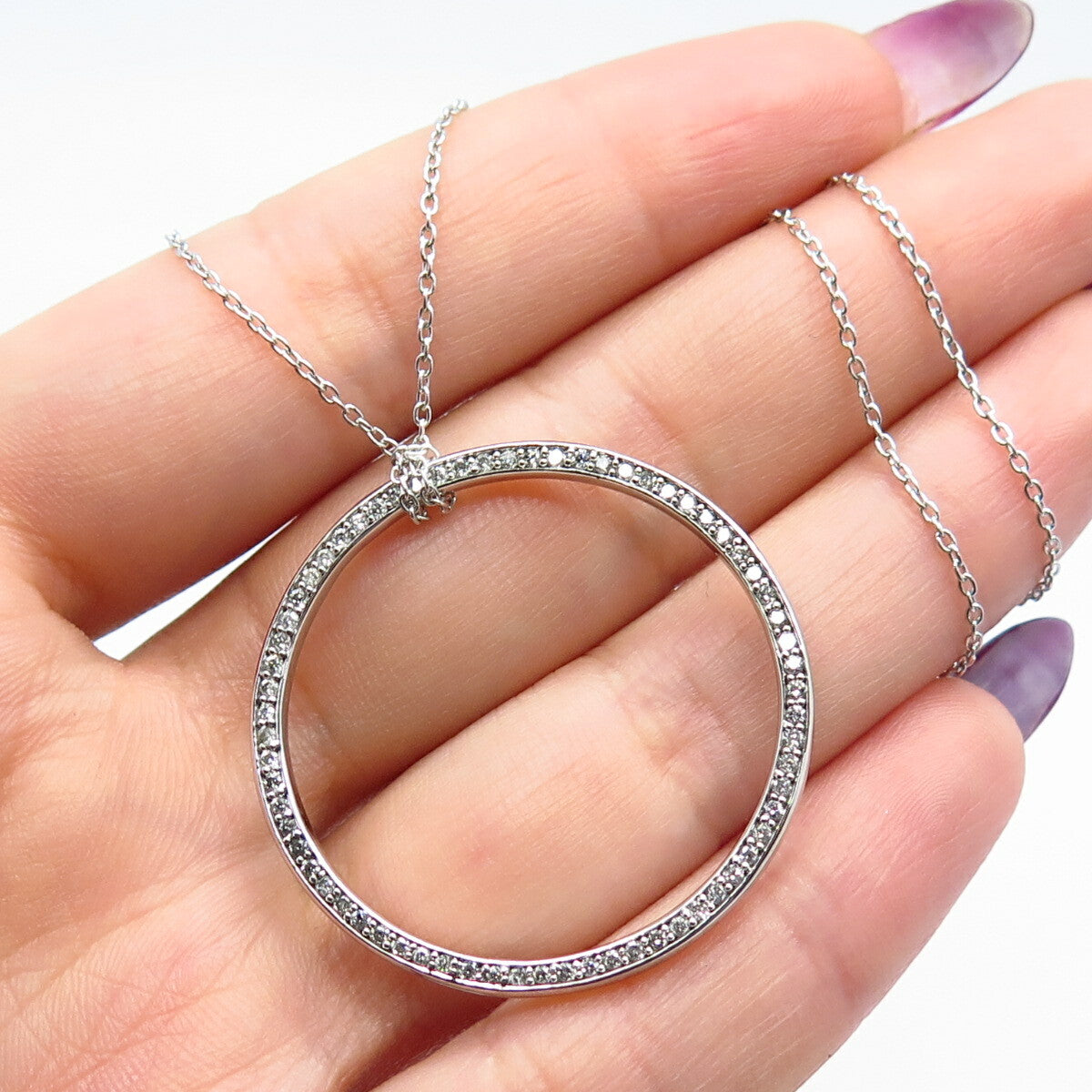 925 Sterling Silver Real White Diamond Circle of Life Rolo Chain Necklace 17"