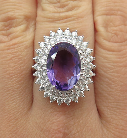 DSMK 925 Sterling Silver Oval-Cut Amethyst Round-Cut White Topaz Ring Size 7.25